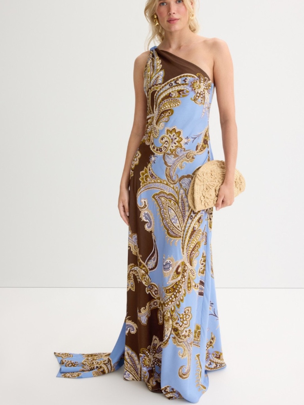 Hemant & Nandita SAYA Blue One Shoulder Maxi Dress Drape Paisley - Size SMALL